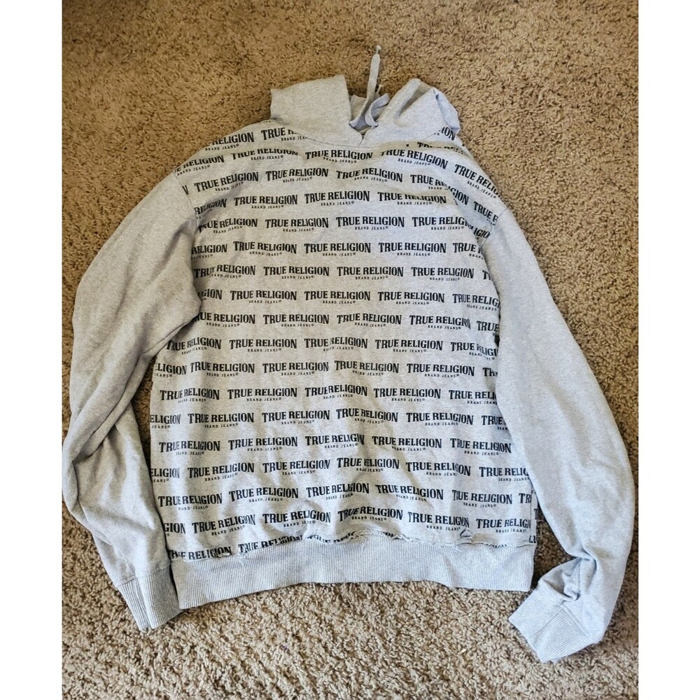 True Religion Women's Grey All Over Logo Print Cropped Raw Hem Hoodie Size L
